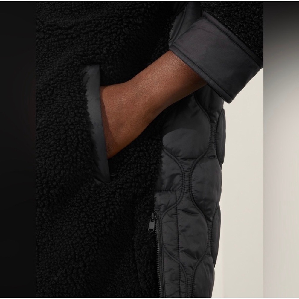 Athleta Fleece Hybrid Coat Black Sherpa Nylon Quilted Longline Funnel Neck Large - Picture 4 of 15